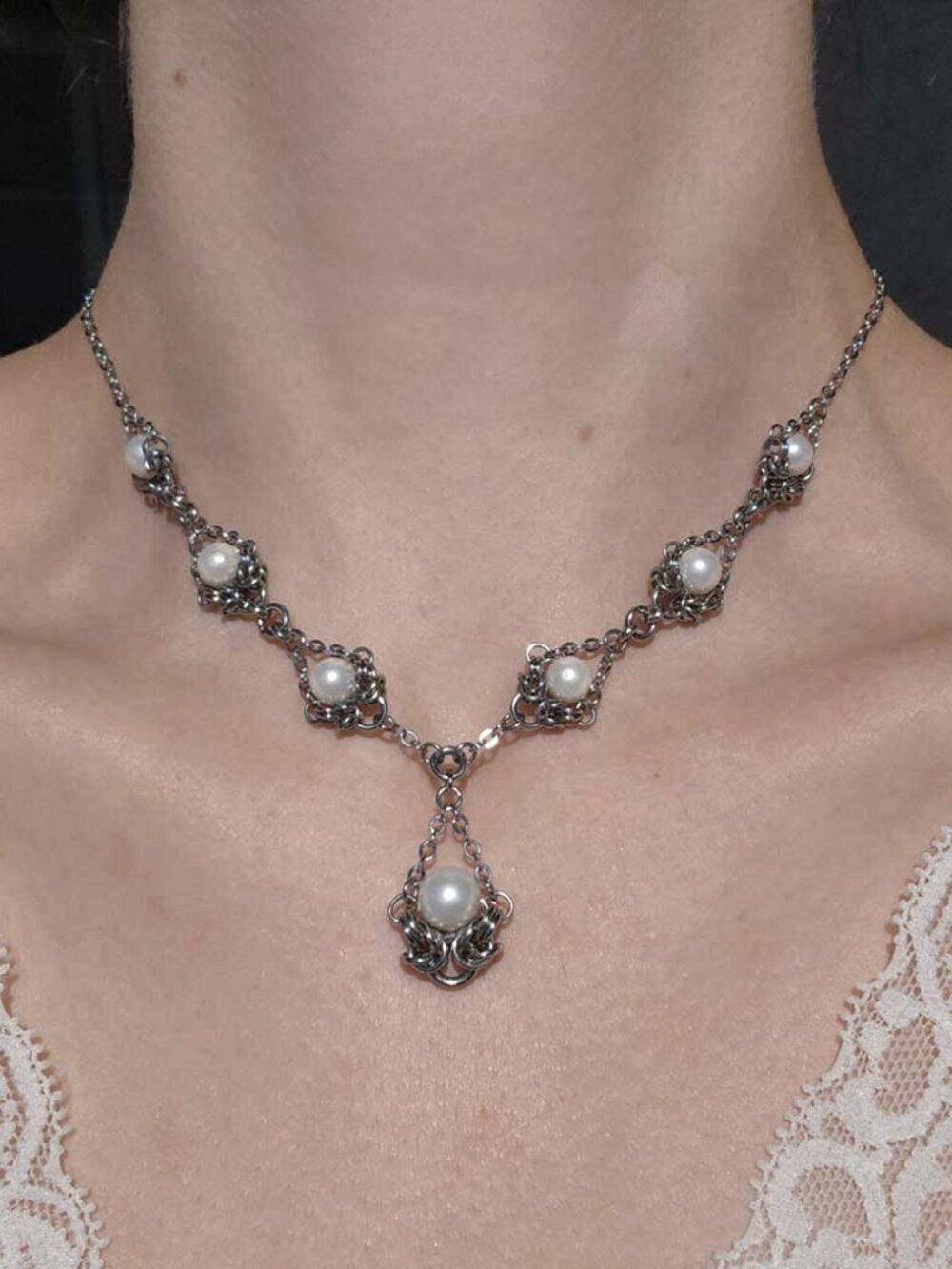 Victorian style white pearl and silver elegant necklace